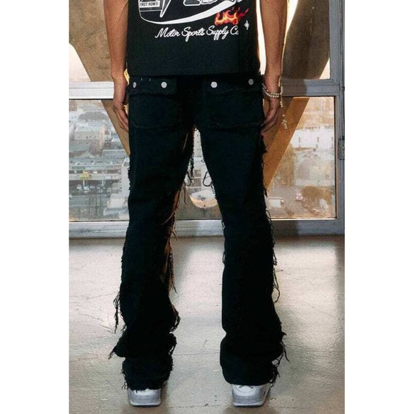 First Row Premium Men's Long Denim Cargo Flare Fringe Stack Jeans with Stylish - Picture 5 of 9